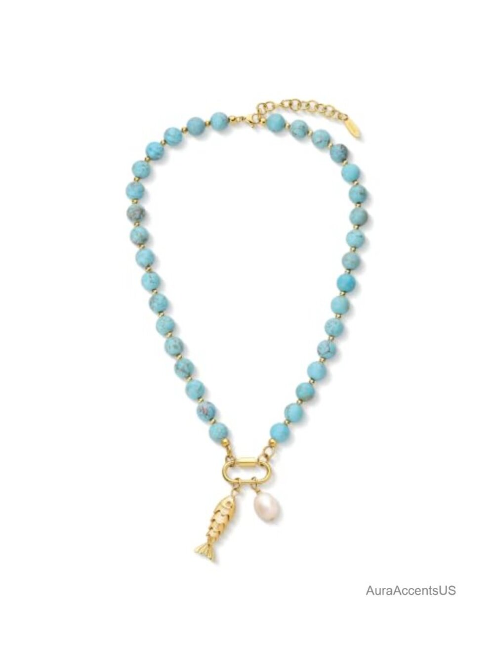 Beaded Turquoise Necklace with Fish Charm 16+2 Inch Adjustable